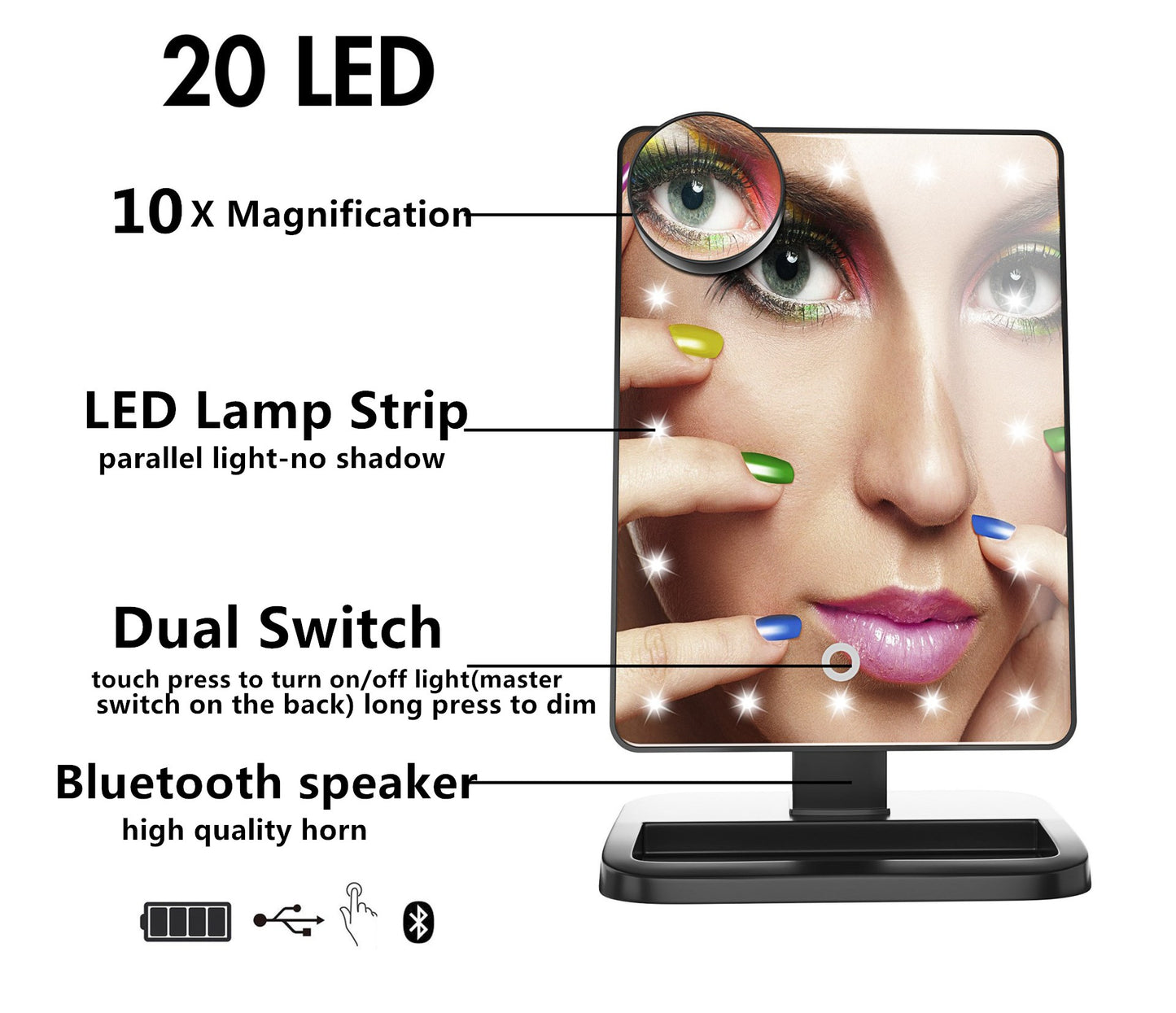 LED Touch Screen Makeup Mirror with Bluetooth Speaker