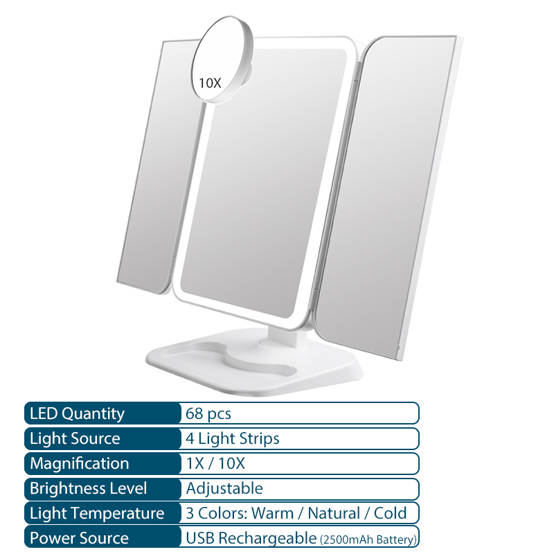 Trifold Makeup Mirror With LED Light Beauty